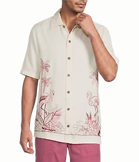 Caribbean Flamingo Embroidery Short Sleeve Woven Shirt