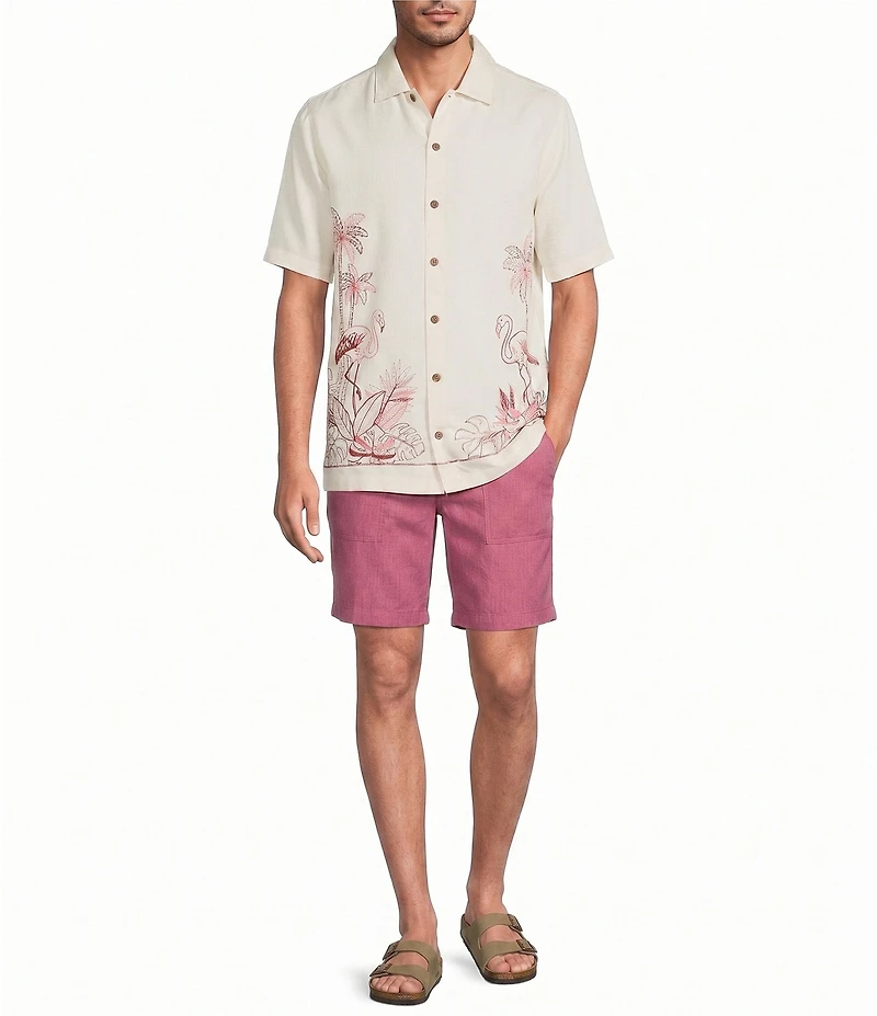 Caribbean Flamingo Embroidery Short Sleeve Woven Shirt