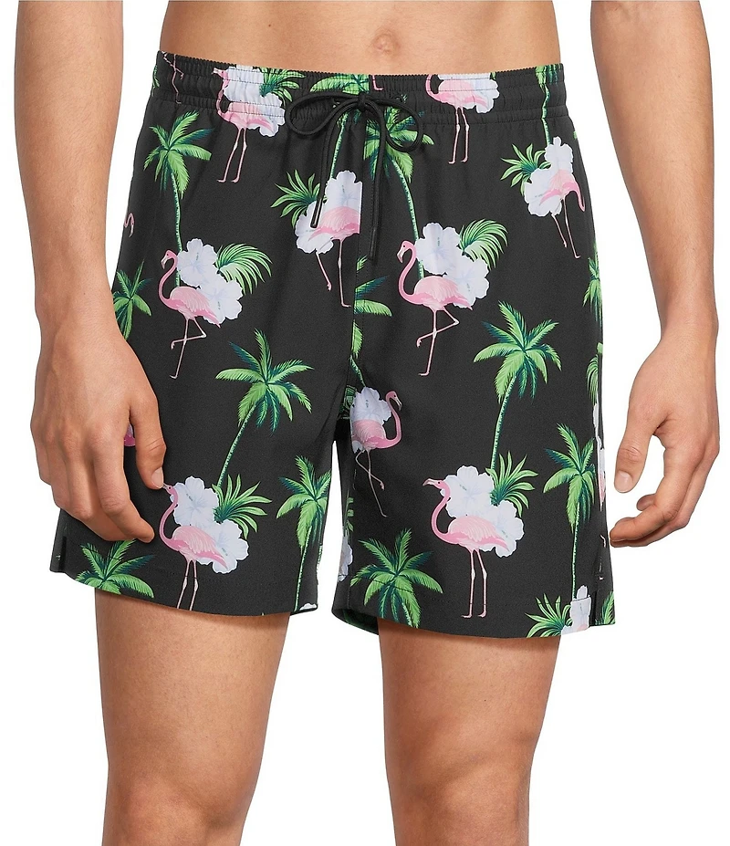 Caribbean Flamingo Floral 6#double; Swim Trunks
