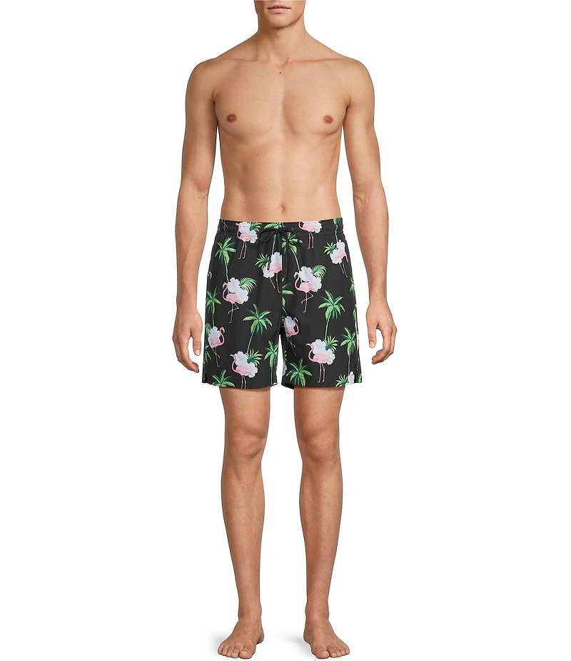 Caribbean Flamingo Floral 6#double; Swim Trunks