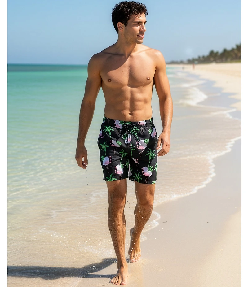 Caribbean Flamingo Floral 6#double; Swim Trunks