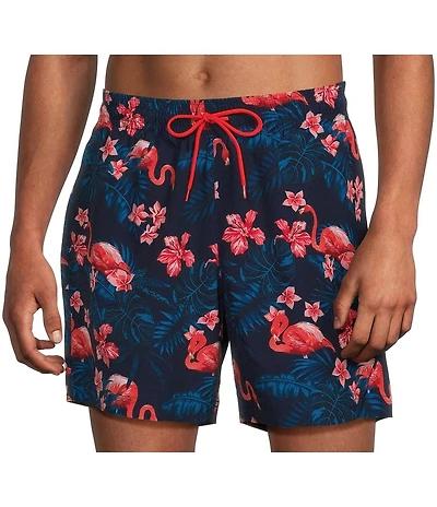 Caribbean Flamingo Floral 6#double; Swim Trunks