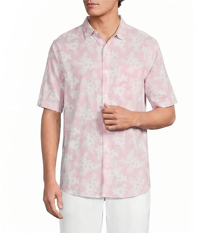 Caribbean Floral Print Short Sleeve Spread Collar Button Front Woven Shirt