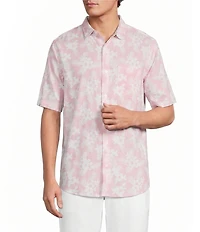 Caribbean Floral Print Short Sleeve Spread Collar Button Front Woven Shirt