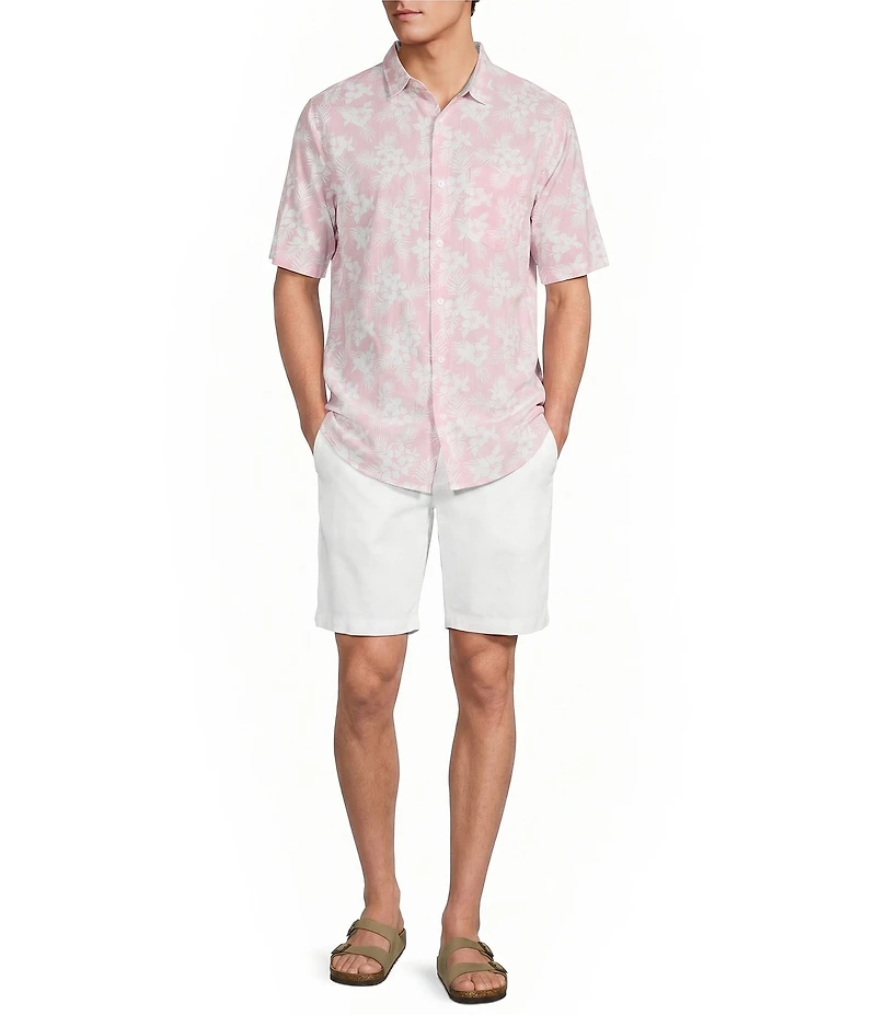 Caribbean Floral Print Short Sleeve Spread Collar Button Front Woven Shirt