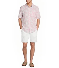 Caribbean Floral Print Short Sleeve Spread Collar Button Front Woven Shirt