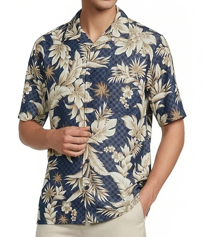 Caribbean Floral Print Short Sleeve Woven Camp Shirt