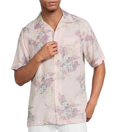 Caribbean Floral Print Short Sleeve Woven Camp Shirt
