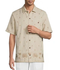 Caribbean Front Palm Embroidery Short Sleeve Spread Collar Woven Shirt