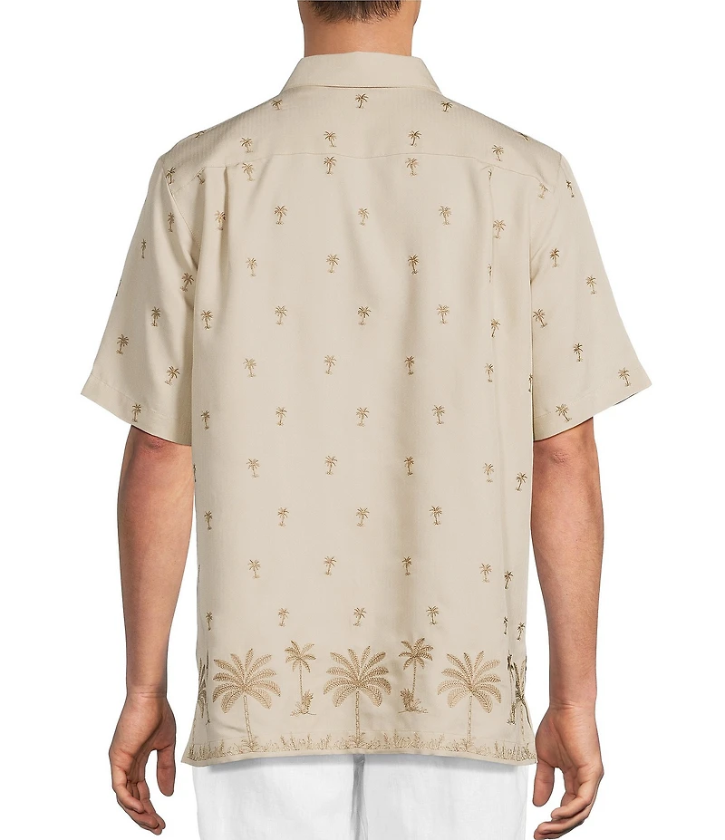 Caribbean Front Palm Embroidery Short Sleeve Spread Collar Woven Shirt