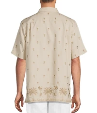 Caribbean Front Palm Embroidery Short Sleeve Spread Collar Woven Shirt