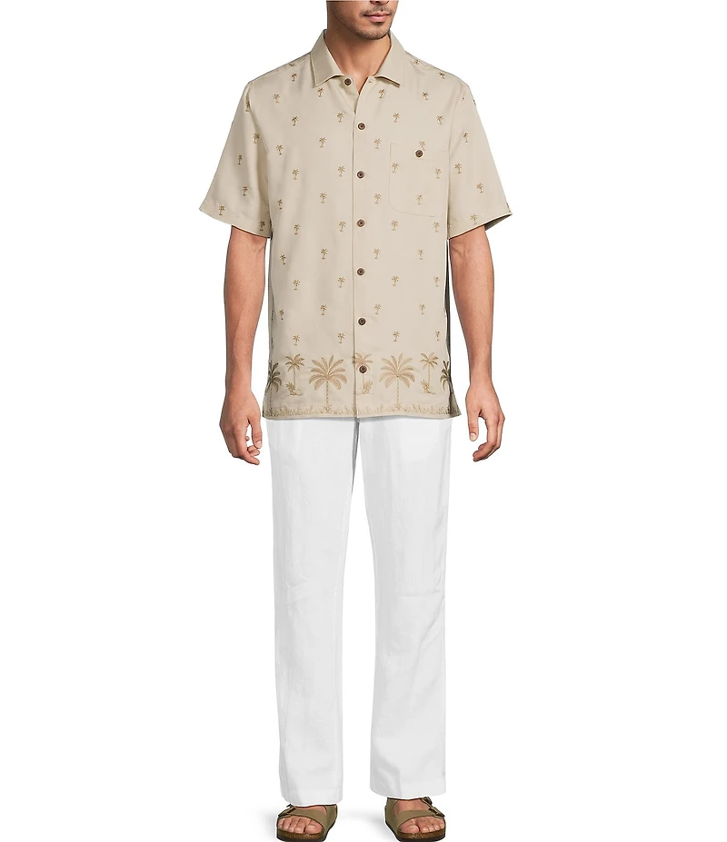 Caribbean Front Palm Embroidery Short Sleeve Spread Collar Woven Shirt