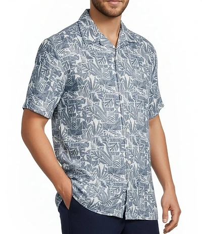 Caribbean Geo Leaf Print Short Sleeve Woven Camp Shirt