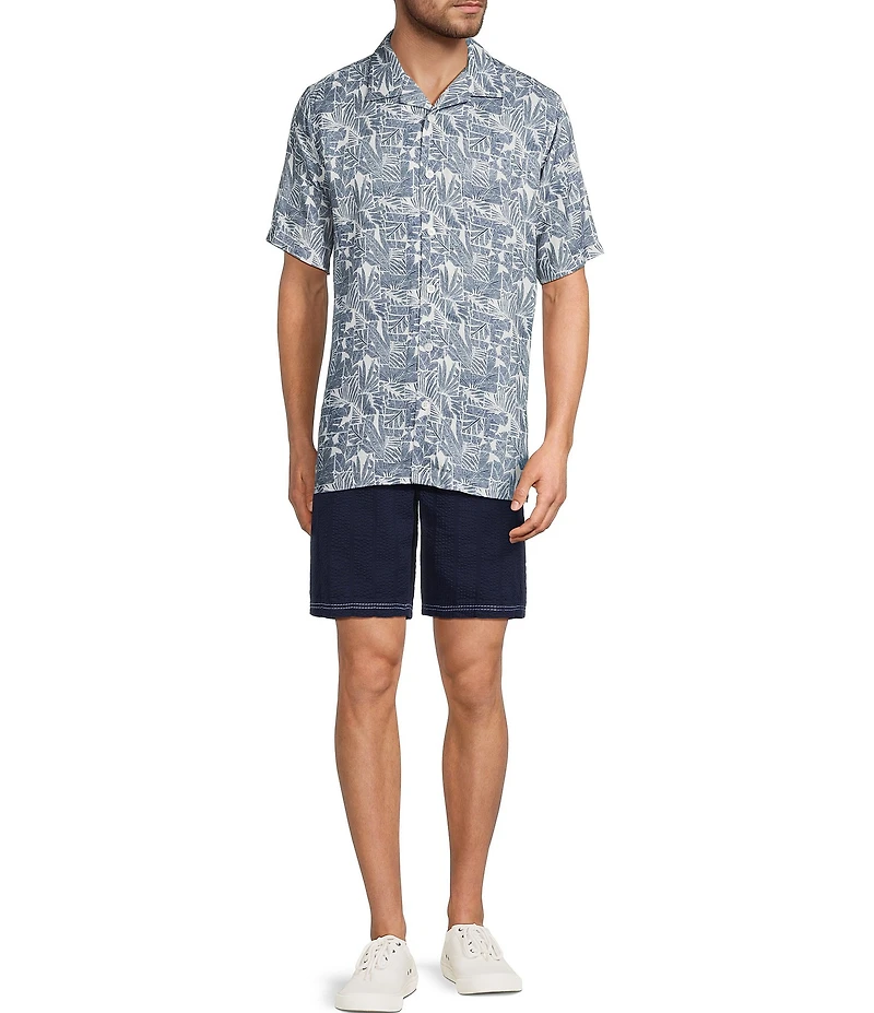 Caribbean Geo Leaf Print Short Sleeve Woven Camp Shirt