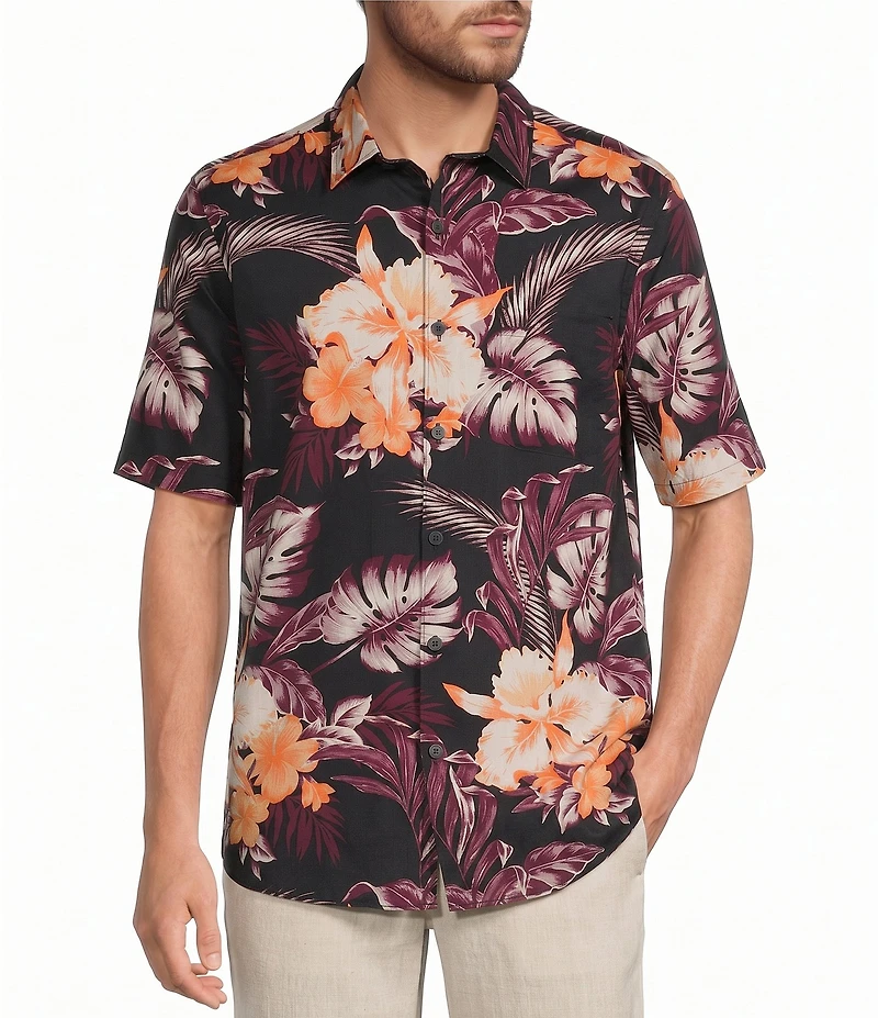 Caribbean Hibiscus Print Short Sleeve Woven Shirt