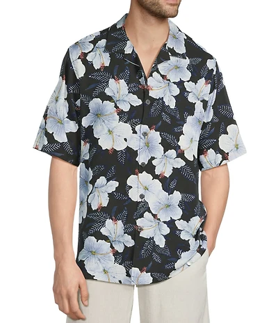 Caribbean Hibiscus Print Short Sleeve Woven Shirt
