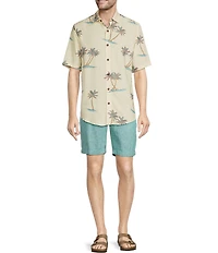 Caribbean Island Palm Print Short Sleeve Woven Shirt