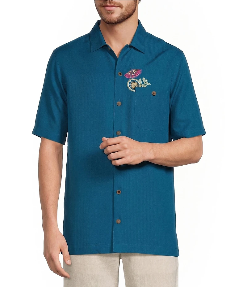 Caribbean Island Time Embroidered Short Sleeve Woven Shirt