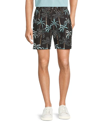 Caribbean Isle Breeze Flat Front Palm Print Performance Stretch 7#double; Inseam Shorts