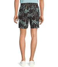 Caribbean Isle Breeze Flat Front Palm Print Performance Stretch 7#double; Inseam Shorts