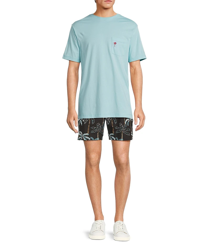 Caribbean Isle Breeze Flat Front Palm Print Performance Stretch 7#double; Inseam Shorts