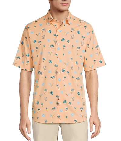 Caribbean Isle Breeze Performance Stretch Coconut Print Short Sleeve Woven Shirt