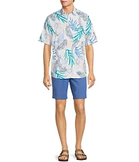 Caribbean Isle Breeze Performance Stretch Large Leaves Tropical Print Short Sleeve Woven Shirt