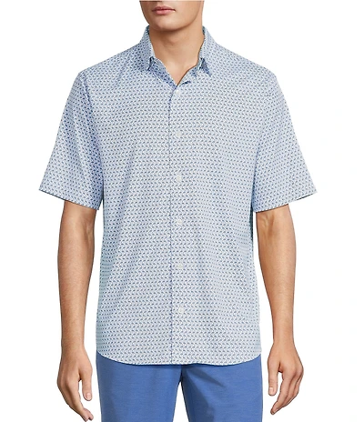Caribbean Isle Breeze Performance Stretch Mini Flamingo Print Short Sleeve Woven Shirt