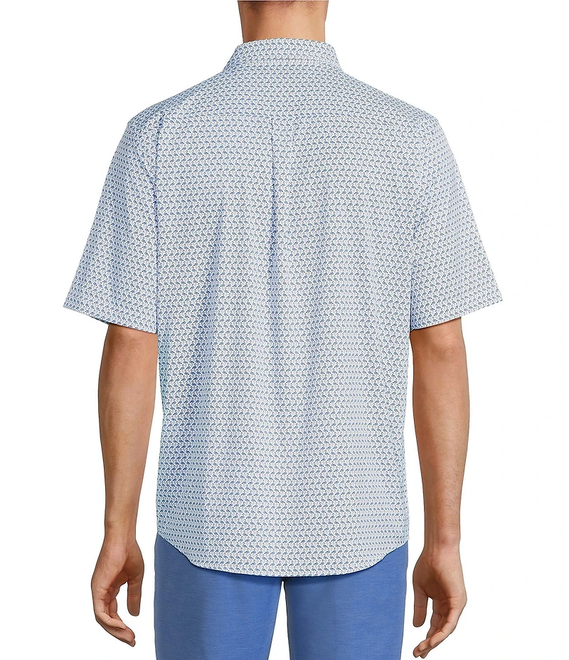 Caribbean Isle Breeze Performance Stretch Mini Flamingo Print Short Sleeve Woven Shirt