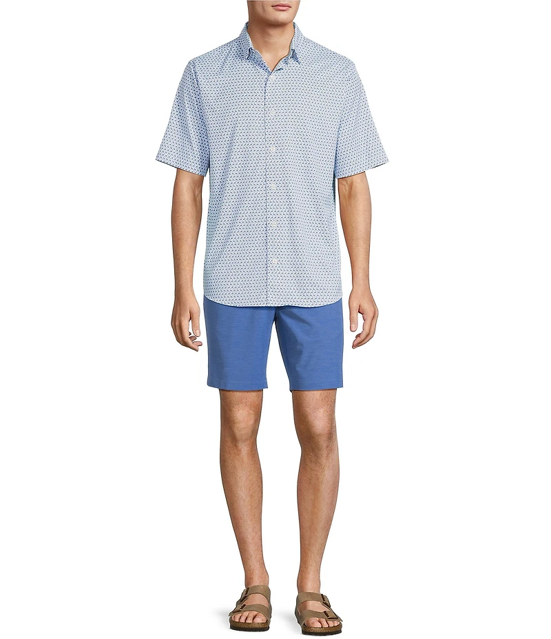Caribbean Isle Breeze Performance Stretch Mini Flamingo Print Short Sleeve Woven Shirt