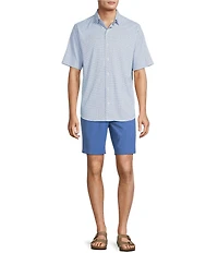 Caribbean Isle Breeze Performance Stretch Mini Flamingo Print Short Sleeve Woven Shirt