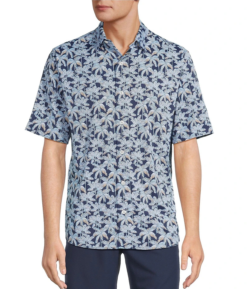 Caribbean Isle Breeze Performance Stretch Palm Print Short Sleeve Woven Shirt