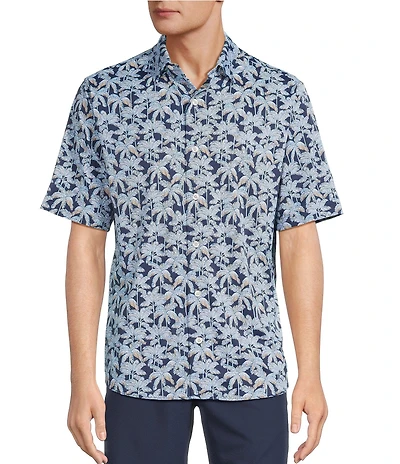 Caribbean Isle Breeze Performance Stretch Palm Print Short Sleeve Woven Shirt
