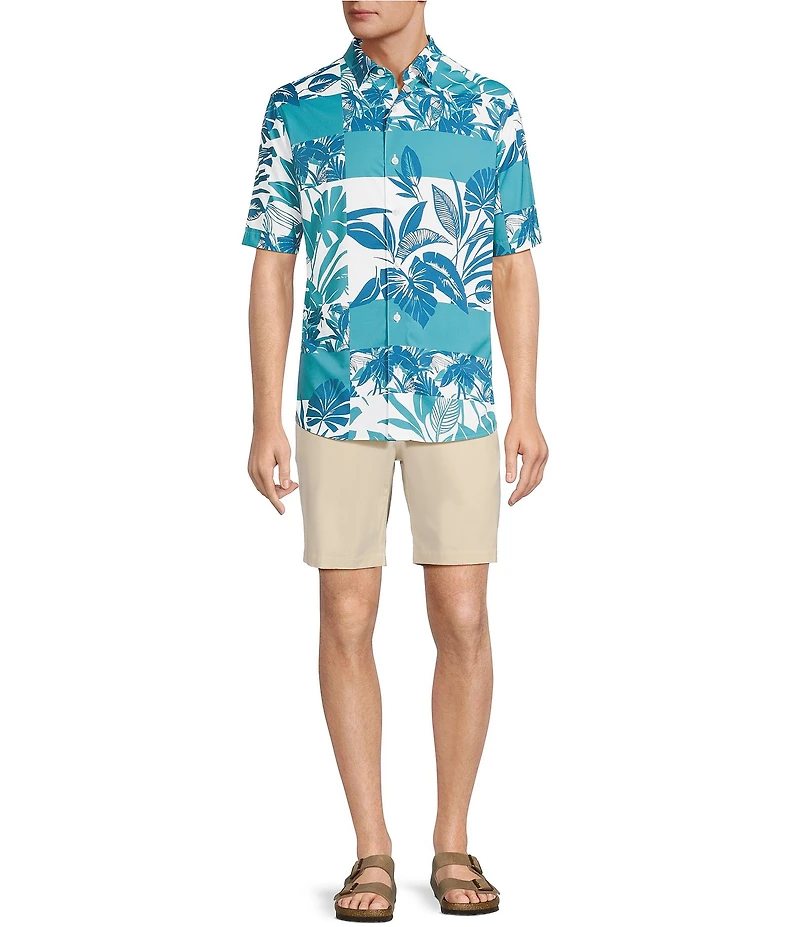 Caribbean Isle Breeze Performance Stretch Patchwork Tropical Print Short Sleeve Woven Shirt