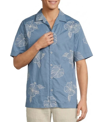 Caribbean Leaf Embroidery Short Sleeve Woven Camp Shirt