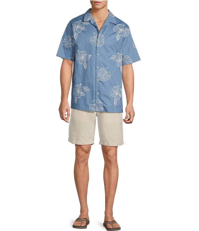Caribbean Leaf Embroidery Short Sleeve Woven Camp Shirt