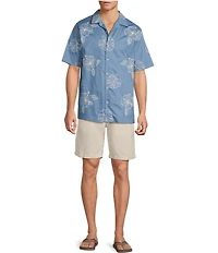 Caribbean Leaf Embroidery Short Sleeve Woven Camp Shirt