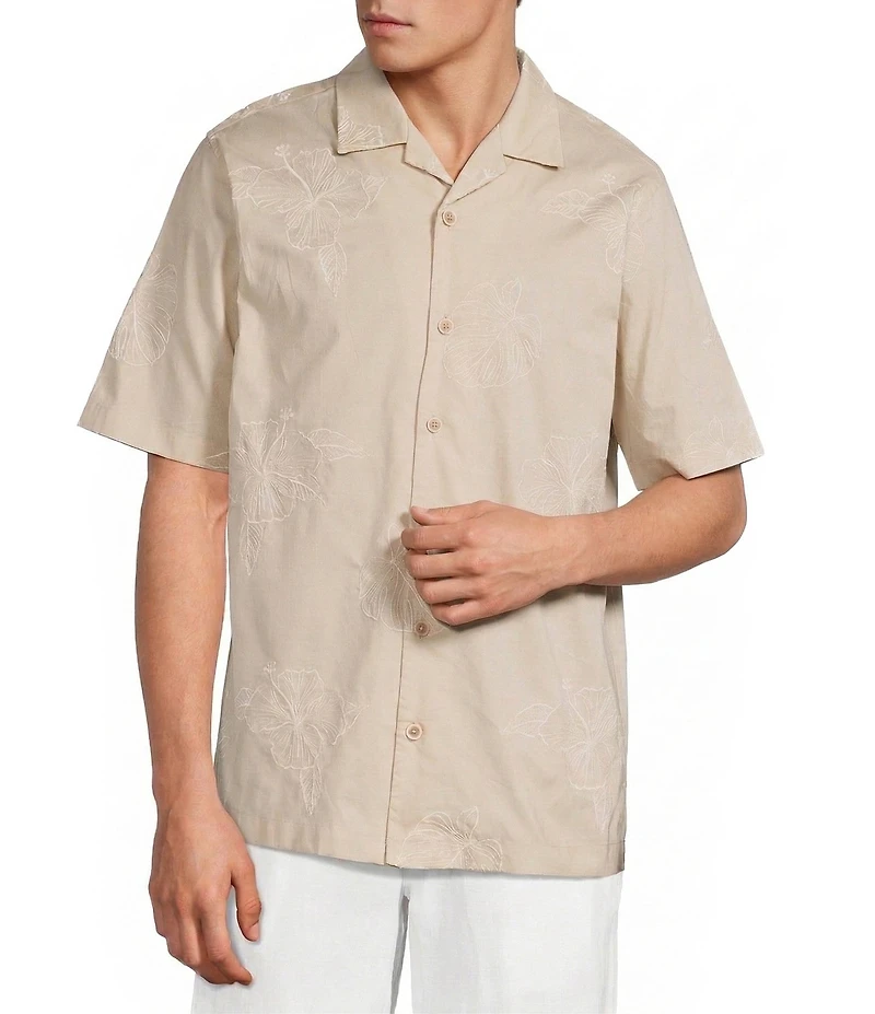Caribbean Leaf Embroidery Short Sleeve Woven Camp Shirt