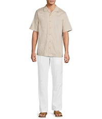 Caribbean Leaf Embroidery Short Sleeve Woven Camp Shirt