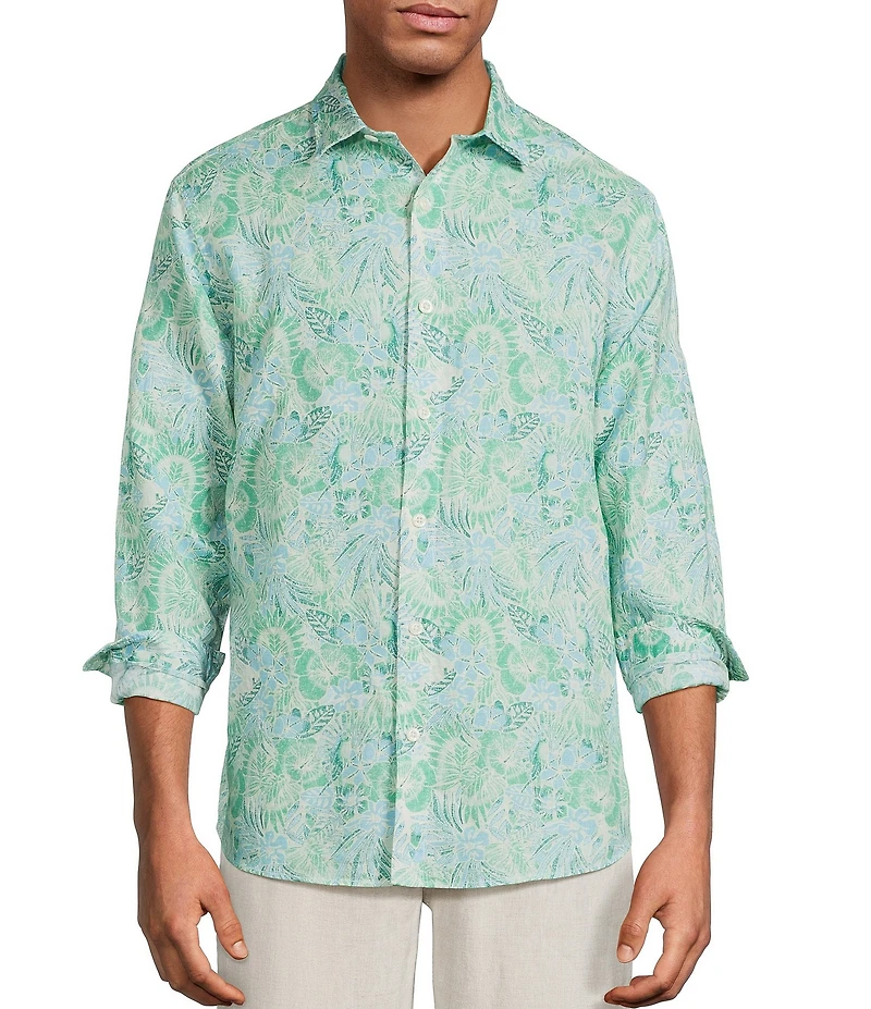 Caribbean Leaf Print Long Sleeve Woven Shirt