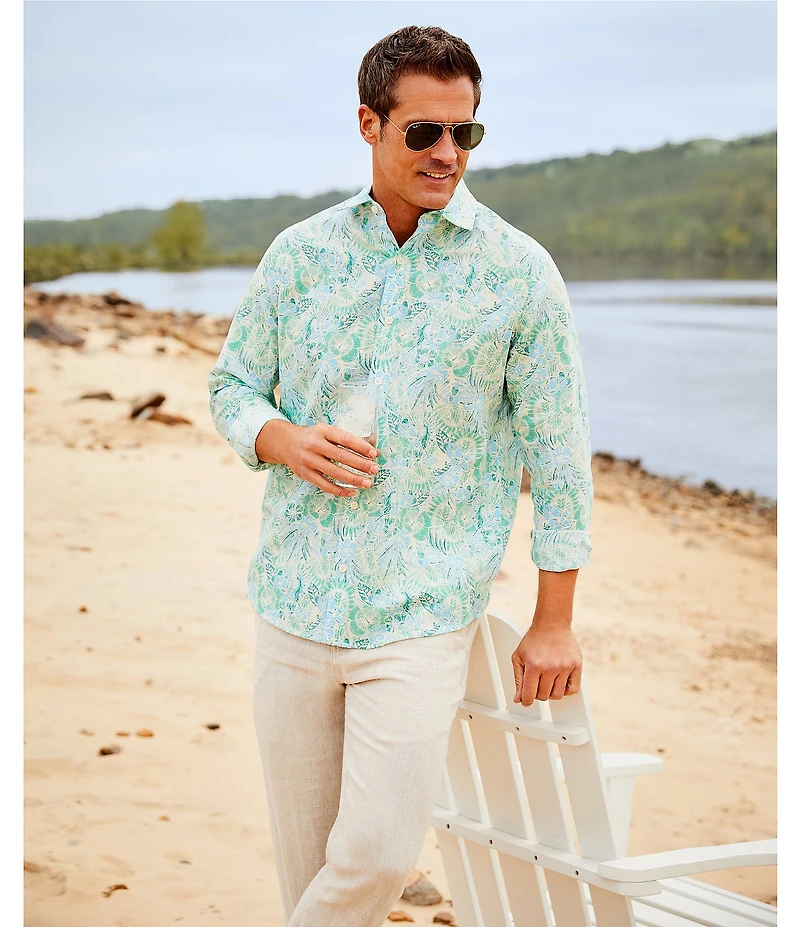Caribbean Leaf Print Long Sleeve Woven Shirt