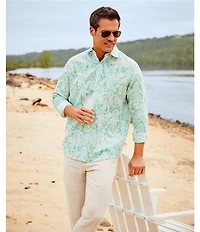 Caribbean Leaf Print Long Sleeve Woven Shirt