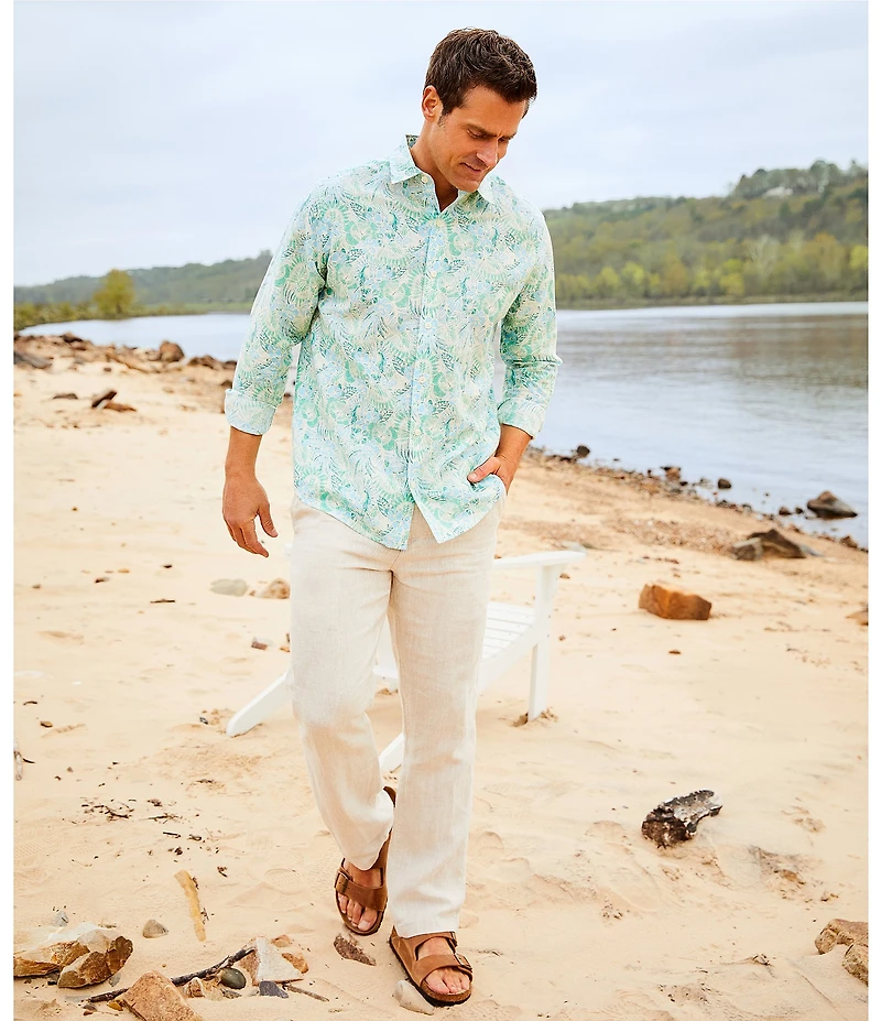 Caribbean Leaf Print Long Sleeve Woven Shirt