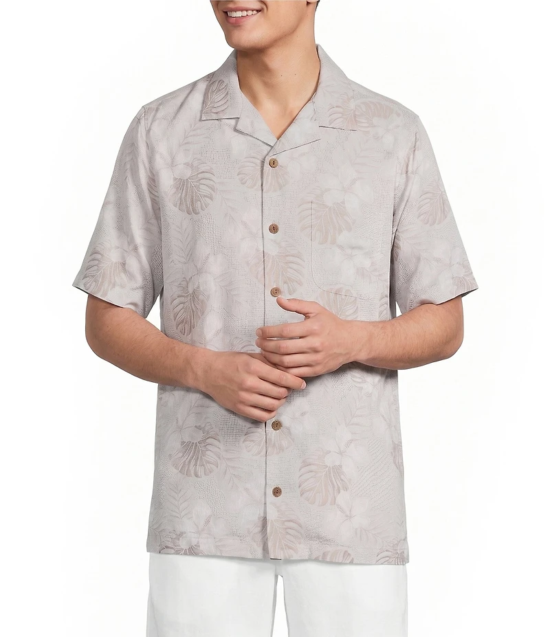 Caribbean Leaf Print Short Sleeve Woven Camp Shirt