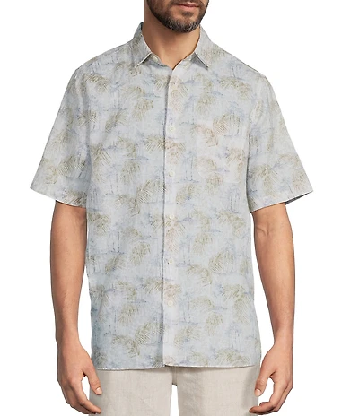 Caribbean Linen Blend Scenic Print Short Sleeve Woven Shirt