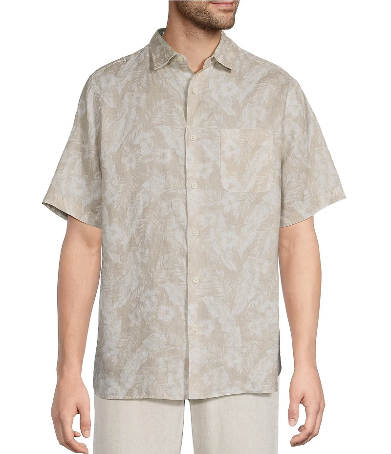 Caribbean Linen Burnout Print Short Sleeve Woven Shirt