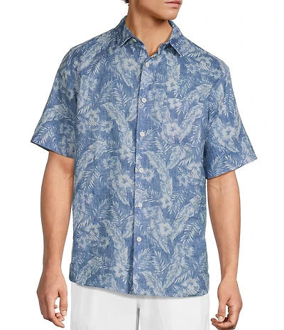 Caribbean Linen Burnout Print Short Sleeve Woven Shirt