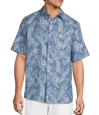 Caribbean Linen Burnout Print Short Sleeve Woven Shirt
