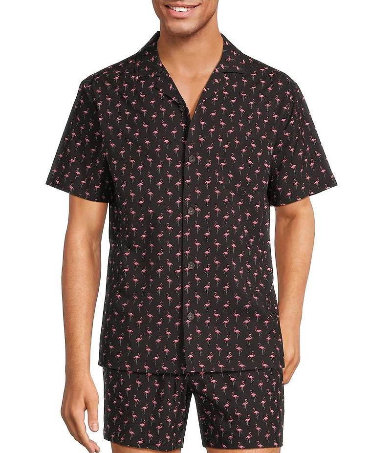 Caribbean Mini Flamingo Cabana Camp Collar Short Sleeve Woven Top