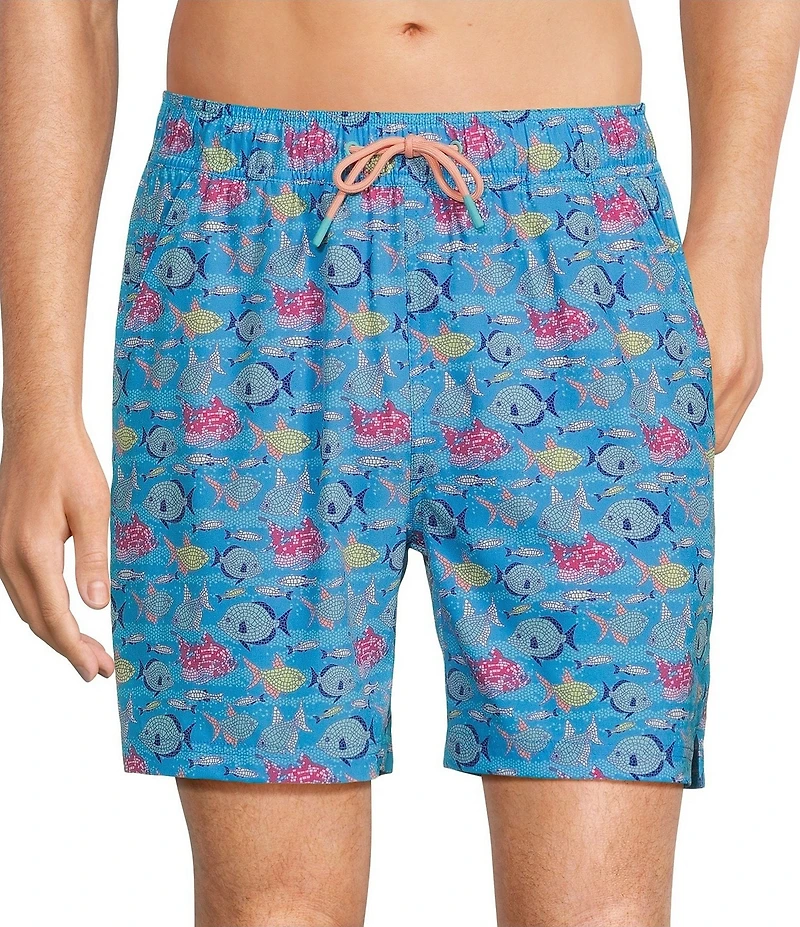 Caribbean Mosaic Fish 6#double; Inseam Swim Trunks